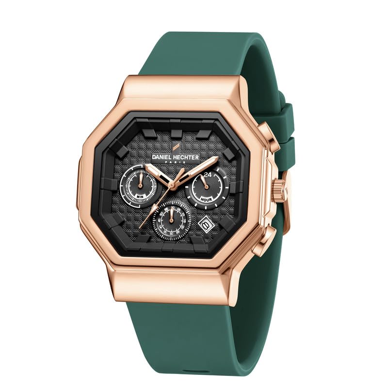 Paris Daumesnil Collection Analog Watch for Men Hexagonal Chronograph Watch Black Textured Dial, Multi-Function Display, Black Silicone Strap, Date Window Premium