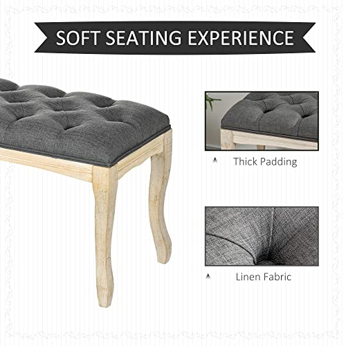 Homcom 43" Upholstered Entryway Bench, Linen Fabric Ottoman Stool With Button Tufted Seat, And Rubber Wood Legs For Living Room, Bedroom, Or Hallway, Dark Grey #TOP3