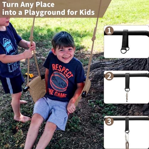 Image of Hi-Na Tree Swing for Kids, Adjustable Toddler Rope Swing Seat with Snap Hooks and Straps, 440 lbs Capacity, Swingset Accessories for Indoor Porch Doorway Outdoor Playground Backyard (Khaki)