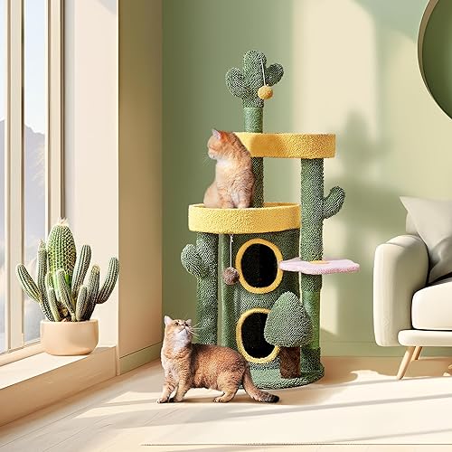 Yaheetech Kaktus Kratzbaum, Oase-Thema Moderner Katzenbaum 123 cm hoch, Stilvoller Kletterbaum für 2-3 Katzen, mit 2 Plattformen 2 Höhlen, Grün-Gelb – Bild 3
