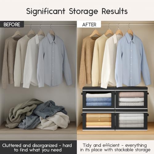 Image of Homsorout Collapsible Storage Bins with Lids - Stackable Storage Containers with Window, 15.7 Inch Fabric Organizing Bins for Closet, Home & Office Organization Baskets, Black, 3 Pack