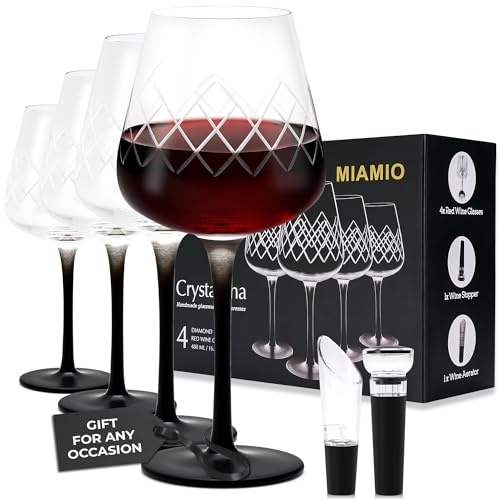 MIAMIO Premium Crystal Wine Glasses, Set of 4 with Black Long Stem Crystaluna Collection (Red Wine)