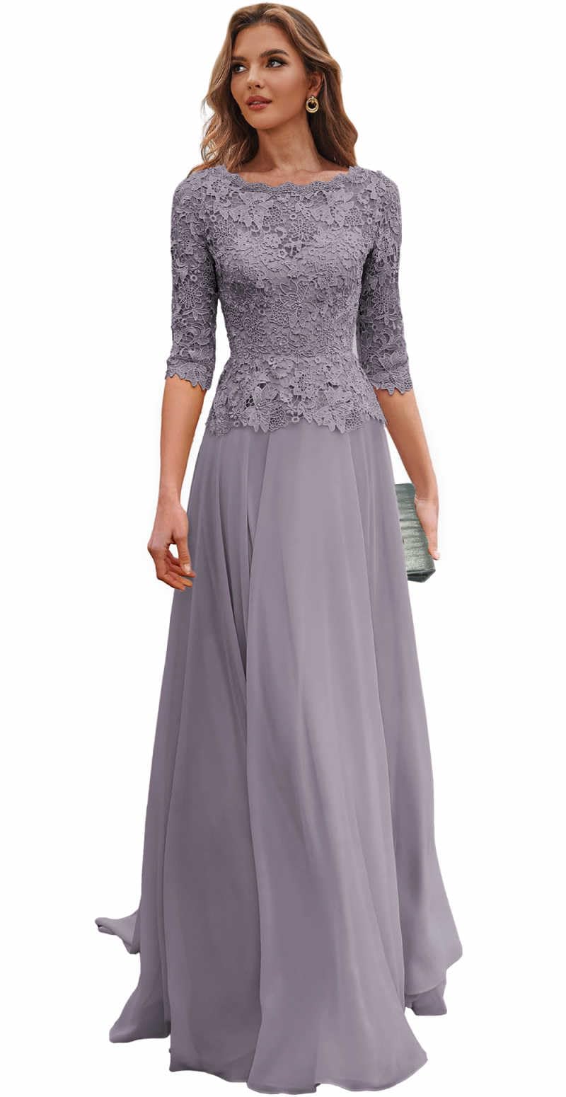 Chiffon Mother of The Bride Dresses for Wedding Lace A Line Long Formal Evening Gown with Sleeves