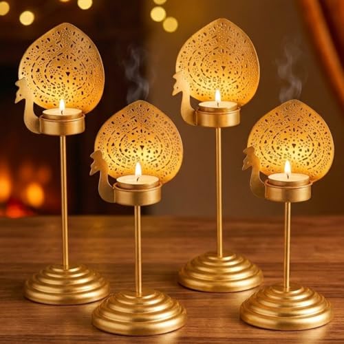 Image of Peacock Tealight Candle Holder Stand Set of 4 | Iron Gold Coated Tea Light Candle Stand | Side Table Showpiece | Perfect for Pooja Rooms, Diwali Decoration & Gifting
