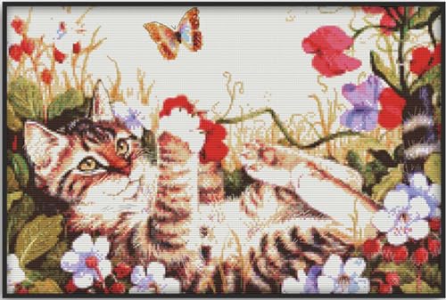Image of Rosyfoxes Cross Stitch Kits Stamped Full Range of Embroidery Starter Kits for Beginners DIY- Printed Kits Leisure cat (Printed) 11CT 24x16.9 inches