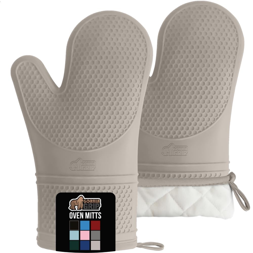 GORILLA GRIP BPA-Free Soft Silicone Oven Mitts, Heat Resistant and Waterproof Cooking Gloves, Thick Cotton Lining, Flexible Gripping for Baking Grilling, Kitchen Potholders Set of 2, 12.5x8.3, Almond
