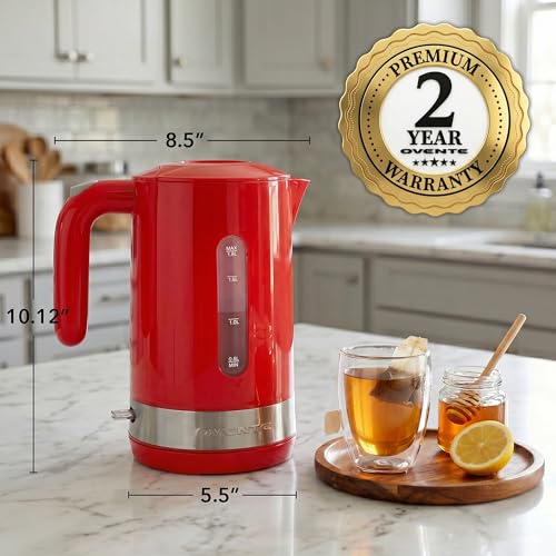 Image of OVENTE 1.8L Electric Kettle, BPA-Free with Easy-Fill Lid, Red KP413R | 1500W Fast Boiling Water Heater, Auto Shut-Off, Boil-Dry Protection, 360 Swivel Base, Clear-View Window, Removable Filter