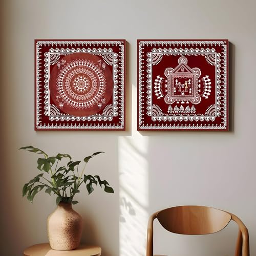 Image of PAINTINGMANTRA Marriage and Festival Celebration Warli Painting, Traditional Indian Maharashtra Warli Tribal Folk Wall Painting for Living Room, Home and Office Decor Set of 2, 12x12 inch