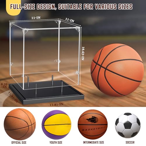 Image of KKU Basketball Display Case, Acrylic Clear Full Size Basketball Case with Solid Wood Base,UV Protected Basketball Display Stand for Autographed Standard NBA WNBA Ball Memorabilia Keepsake, Black