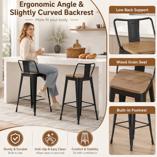 Image of Yongchuang 24 inch Metal Barstools Set of 4 Counter Bar Stools with Wood Top Low Back Matte Black | kitchen Stools Black Low Back Bar Stools with Wood Seat Modern Farmhouse Counter Stools Island Chairs 330LBS Weight Capacity