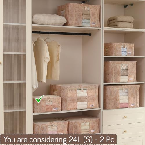 Image of HOKIPO 24L(S) Clothes Storage Box, 600D Oxford Fabric Organiser for Wardrobe, Beige Botanica Pack of 2 (AR-6484-BGE*2)