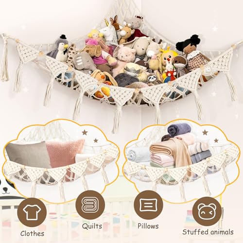 Lunriwis Kuscheltier Aufbewahrung Netz, Boho Makramee stofftier Spielzeug Lagerung hängende Tasche, Aufbewahrung Kuscheltiere Lagerung Netz Spielzeugaufbewahrung kinderzimmer Weiß