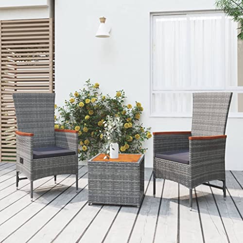 Kaloriko Ensemble de Salon de Jardin 3 pcs Gris Poly rotin avec Table et chaises en Acacia Massif pour Balcon et extérieur, mobilier de Patio résistant et...