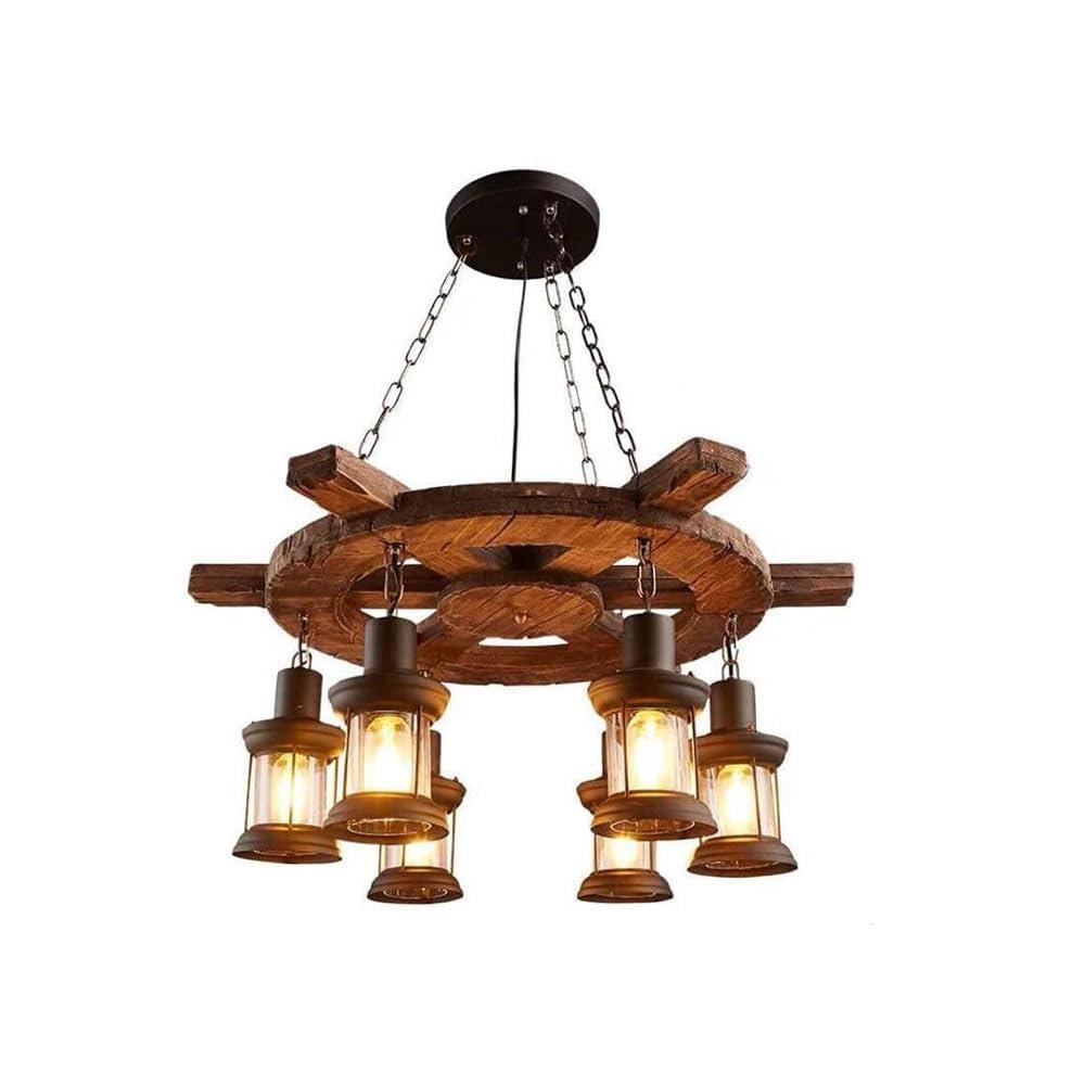 LAUMZX Rustic Industrial Wooden Chandelier Vintage Wagon Wheel Design Hanging Light Fixture Retro Boat E27 Pendant Light for Restaurants, Cafes, Dining Rooms, and Living Spaces