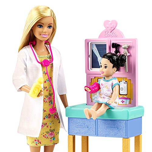 Barbie Pediatra Muñeca rubia doctora con bebé, consulta médica de juguete y accesorios (Mattel GTN51)