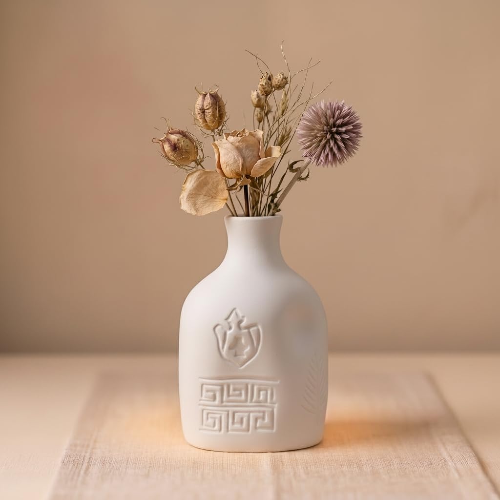 PUREZENTO Milos Greek Ceramic Vase – 6-Inch | Matte White Flower Vase with Geometric Carvings & Leaf Embossing | Decorative Vases for Modern Home Decor, Living Room, Office, Bathroom & Dining Table-image-11
