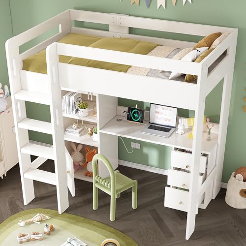 LZPUOUI Cama Alta 90x200 Blanco Litera con Escritorio y Armario Ropero Cama Loft en Madera Maciza con USB-C y Cajones Estructura de Cama para Dormitorio Juvenil Estudio Mueble de Dormitorio