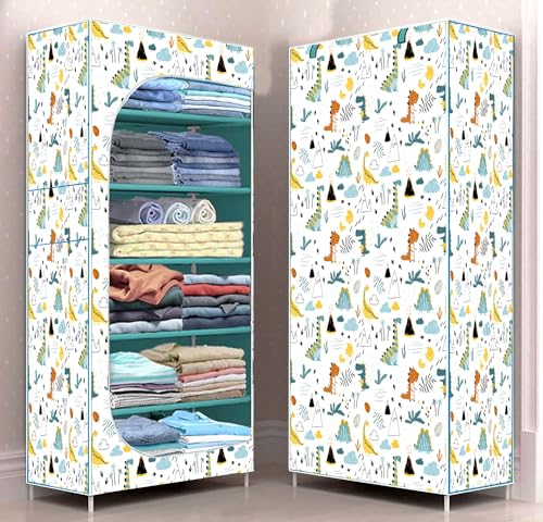 Image of BONTEC Baby Wardrobe for Clothes - almirah - Rack fot Storage Multipurpose Plastic almirah Printed Cover 6 Shelves Storage Clothes Storage Rack Quick Cabinet /Multipurpose (Baby Dinosaur)
