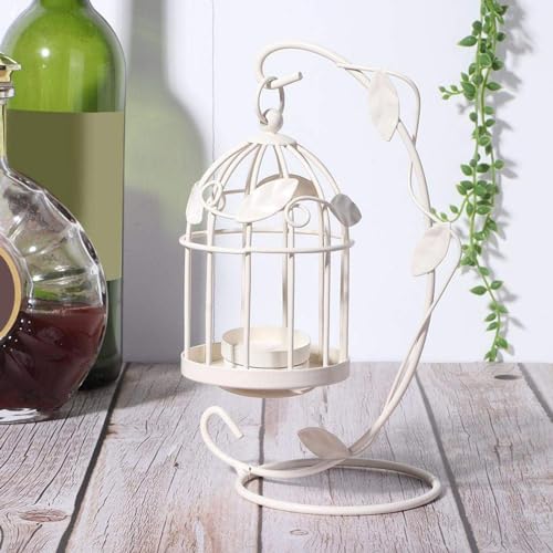 Bird Cage Candlestick Lantern, Metal Hollow Out Candle Holder Vintage Hanging Tealight Holder for Wedding Centerpiece Decoration(White)