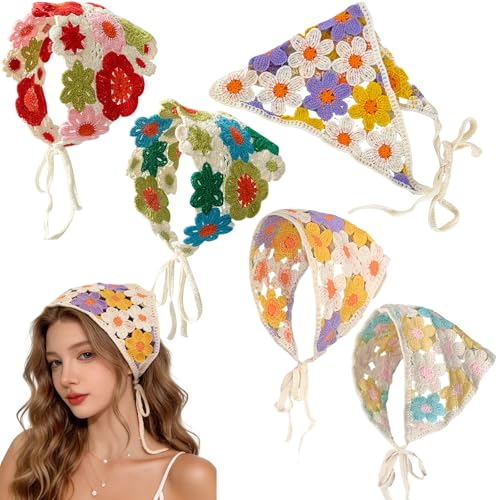 KuuGuu 4 PCS Crochet Bandanas Floral Sunflower Head Scarf Small fresh Tie Knitted Headscarf Sweet Handicraft for Thin Thick Hair for Women Girls Camping Beach Daily Hair Accessories Decorate