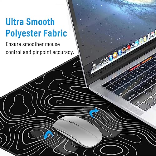 Image of Large Gmaing Mouse Pad with Stitched Edges, Superior Micro-Weave Cloth, Non-Slip Base, Size 35.4 X 15.7X 0.12inches - Black Topographic Contour