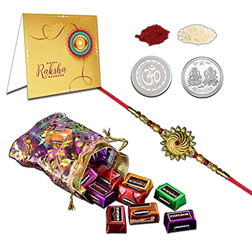 Image of DeoDap Multicolor Bracelet / Rakhi (K1 J E10) & Chocolate | Silver Chain Rakhi with Art Work | Rakhi and Chocolate for Brother | Rakhi Gift Chocolate for Brother | Rakhi with Gift |
