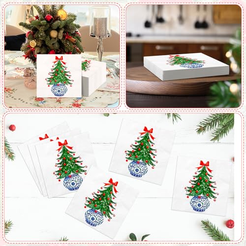 Epakh 50 Pcs Chinoiserie Christmas Tree Guest Napkins Disposable Paper Hand Towel for Bathroom with Christmas Tree Bow Blue and White Porcelain Print for Xmas Party Holiday Decoration (6.5 * 6.5inch) – Image 7