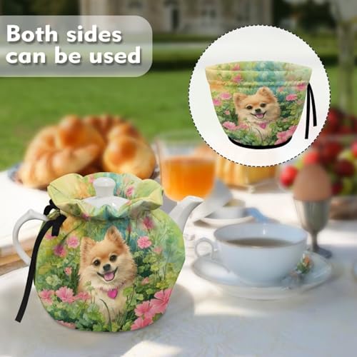 Image of Pomeranian Flower Print Teapot Cosy Insulated Portable Insulating Tea Pot Cozies for Teapots Kitchen Accessory Home Table Decorative Breakfast Warmer Tea Pot Covers Only