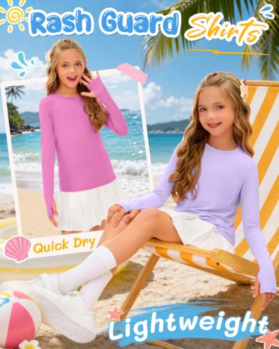 Image of 3 Pack Girls' Rash Guard Swim Long Sleeve Shirt UPF 50+ UV Sun Protection Quick Dry Tee with Thumb Holes 5-14Y