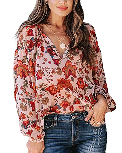 MLEBR Womens Blouses Fashion Chiffon V Neck Long Sleeve Floral Printed Blouses Tops T Shirts Casual Summer Floral Blouses Large