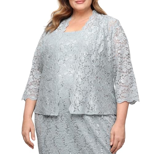 Image of S.L. Fashions Women's Tea Length Sequin Lace Mother of The Bride Dress with Illusion Sleeve Jacket