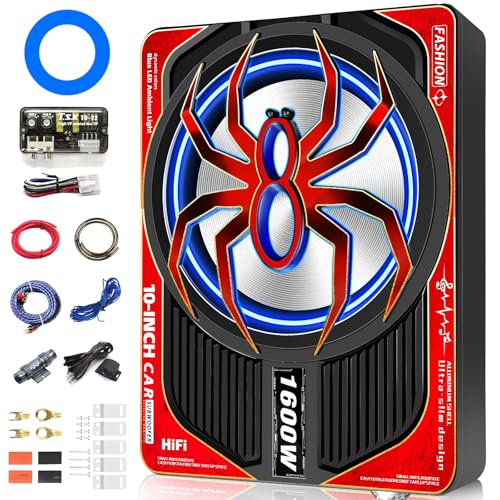 Image of 1600W Slim Underseat Car Subwoofer and Amp Package, Powered Subwoofer with Built-in Class D Amplifier, Subsonic Deep Bass, LED Ambient Light Switch,Under Seat Subwoofer for Truck SUV Car Audio