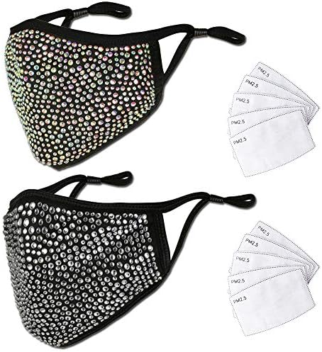 2 Pcs Bling Face_Mask for Women with 10 Filters Sparkly Rhinestone Glitter Mask Crystal Sequin Cloth Mask Facial Shield Adult Face Protection Balaclava for Holiday Nightclub Masquerade Party Black