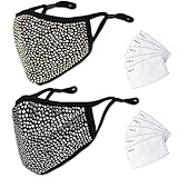 2 Pcs Bling Face_Mask for Women with 10 Filters Sparkly Rhinestone Glitter Mask Crystal Sequin Cloth Mask Facial Shield Adult Face Protection Balaclava for Holiday Nightclub Masquerade Party Black