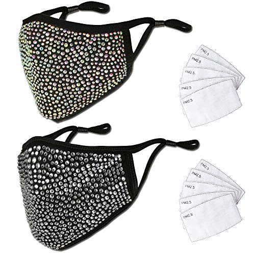 2 Pcs Bling Face_Mask For Women With 10 Filters Sparkly Rhinestone Glitter Mask Crystal Sequin Cloth Mask Facial Shield Adult Face Protection Balaclava For Holiday Nightclub Masquerade Party Black #TOP2