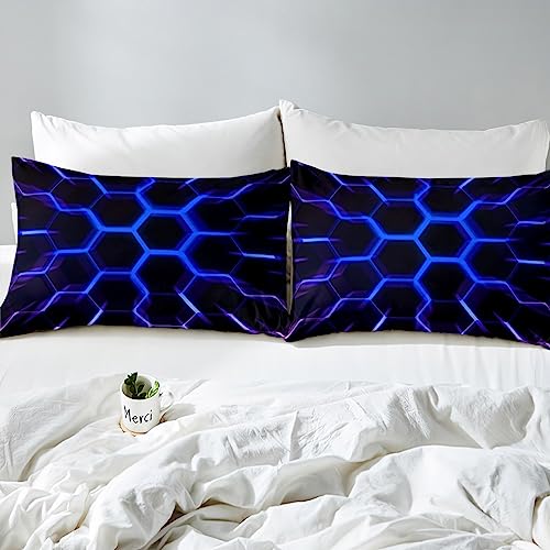 Erosebridal Honeycomb Duvet Cover Black Blue 3D Geometric Beehive Hexagon Bedding Set Queen Size Gamer Room Decor For Boys Kids Men,Neon Light Geometrical Honeycomb Comforter Cover Glowing Hexagonal Bed Set thumb #3