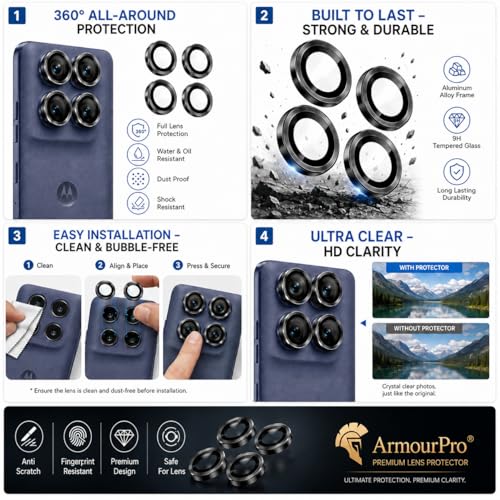 Image of ArmourPro UV Tempered Glass for Motorola Edge 60 Fusion 5G with Black Camera Ring Guard Combo, Crystal Clear Screen Protector, Case Friendly, Anti-Scratch, Bubble-Free Installation Kit