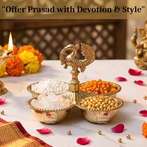 Image of Brass Kankavati Haldi Kumkum Container | Traditional Pooja Sindoor, Chawal Holder | Peacock Design 4 Bowl Pooja Accessory for Festivals, Gifting & Home Mandir (Brass Polished, Small)