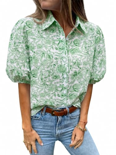 Image of Tankaneo Womens Button Down Shirts Puff Sleeve Tops Summer Cotton Blouses | Loose Fit, Boxy, Dressy Casual, Collared, Short Sleeve, Solid Color, Striped, Plaid, Polka Dots