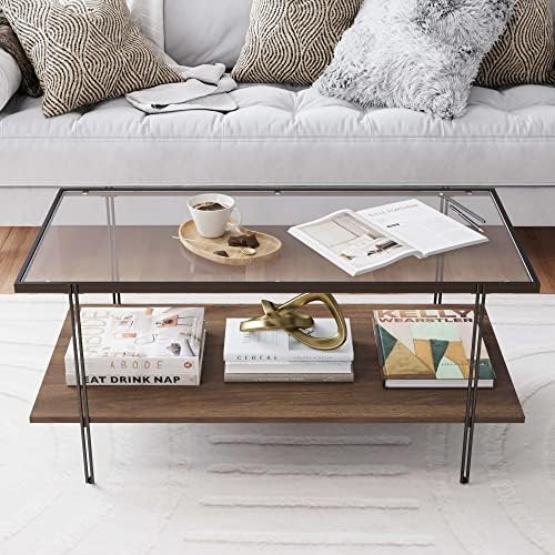 Nathan James Asher Mid-Century Rectangle Coffee Table Glass Top a...