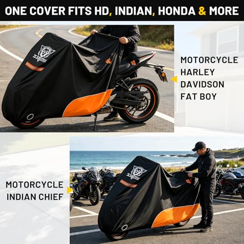 Image of XYZCTEM Motorcycle Cover All Season Waterproof Outdoor Protection | Fit up to 116 Inch Tour Bikes, Choppers and Cruisers - Protect Against Dust, Debris, Rain and Weather (Black and Orange)