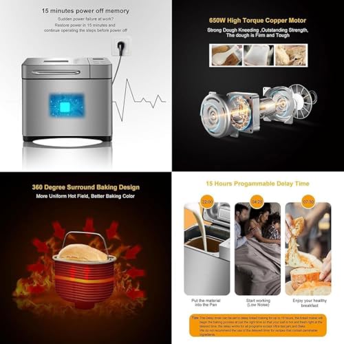 QYOEGSQ Brotbackautomat for Zuhause, Brotbackautomat mit Frucht-/Nussspender, Teigmacher mit 17 voreingestellten Menüs und 15-Stunden-Reservierung, 1 Stunde Warmhalten, 3 Brotgrößen, 3 Krustenfarben – Bild 5
