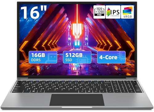 Laptop 16', 16GB RAM 512GB SSD, FHD IPS 1920x1200 Display, Quad Core N CPU, Notebook Computer with 4 Stereo Speakers, Cooling System, 38Wh Battery, Numeric Keypad, USB3.0*2, Business Student Laptops.