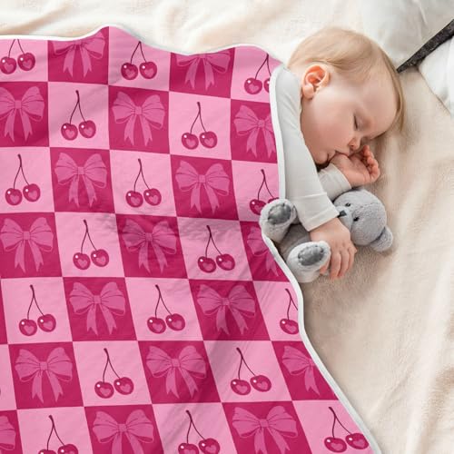 Image of Checkered Pink Cherries and Bows Baby Swaddle Blanket for Boys and Girls, Muslin Baby Receiving Swaddle Blanket, Soft Cotton Nursery Swaddling Blankets for Newborn Toddler Infant