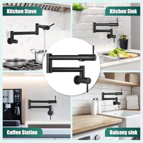 Image of Heyalan Pot Filler 19 Inch Wall Mount Folding Stretchable Kitchen Restaurant Faucet Stainless Steel Pot Filler Double Joint Swing Arm Two Handles Commercial NPT,Straight Handle,Matte Black