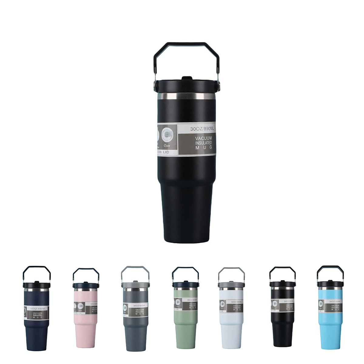 30 oz Tumbler with Straw and Lid Double Wall Vacuum Insulated Stainless Steel Water Bottle Travel Mug with Handle Coffee Mug for Hot Iced Drink (Black)