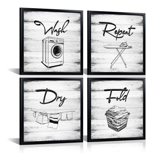 Modern Farmhouse Laundry Room Decor Black and White 4 Piece Framed Wall Art Decorative Signs with Wash Dry Repeat