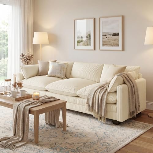 Image of Gizoon 3 Seater Couches for Living Room, Cloud Sleeper Sofa with Double Cushion Corduroy Deep Seat Sofa Couches with 2 Pillows for Living Room Bedroom and Apartment,Pet-Friendly Fabric, Beige