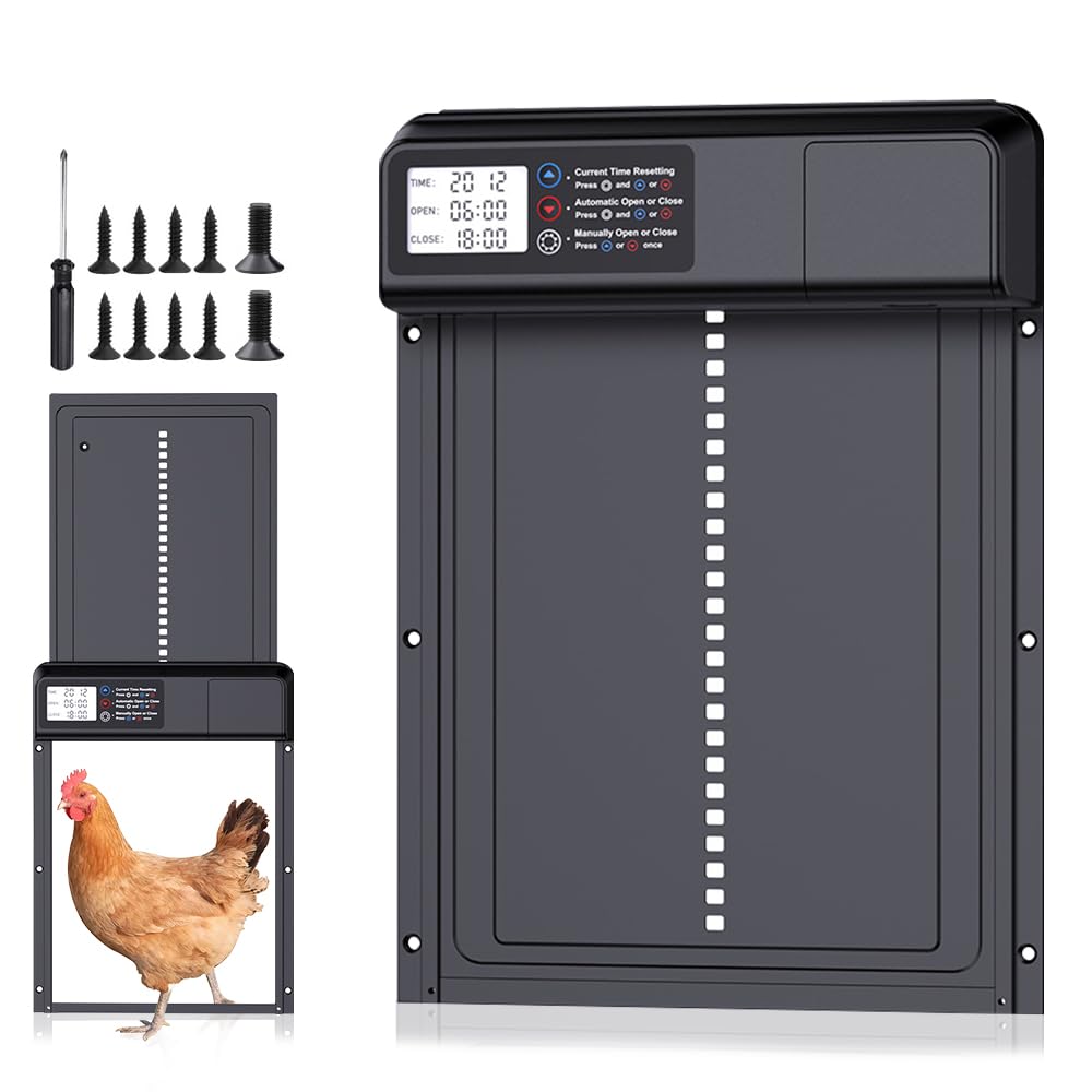 Porta Automatica Pollaio Batteria, Porta Pollaio Automatica In Lega Di Alluminio, Porta Automatica per Pollaio con Ampio Display Impermeabile, Timer, Funzione Anti-Trappola, Avviso Batteria