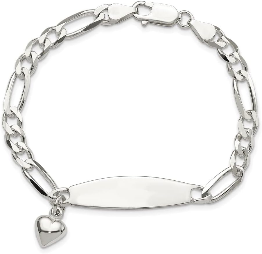 Engravable Personalized Custom 925 Sterling Silver Polished Figaro ID Heart Dangle Bracelet For Women Length 7.5 inches Width 5.25 mm